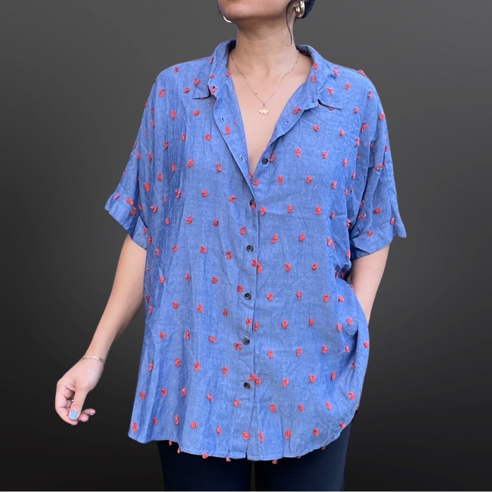 NWT Lou & Grey Oceanside chambray top with red puffs [H3R]